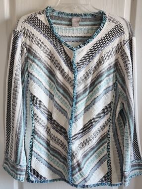 Chico's Cream, Teal & Black Striped Open-Front Knit Jacket